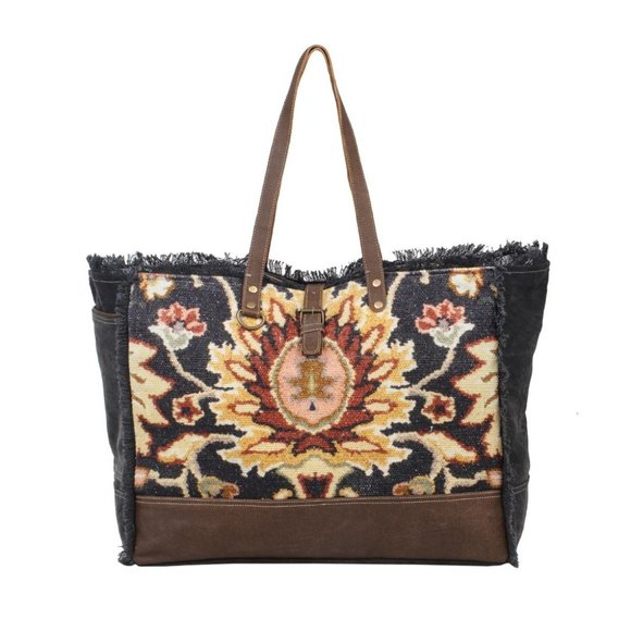 Myra Bag Handbags - Myra Bag Handmade Black Fern Weekender Bag Upcycled Canvas & Cowhide Lea…